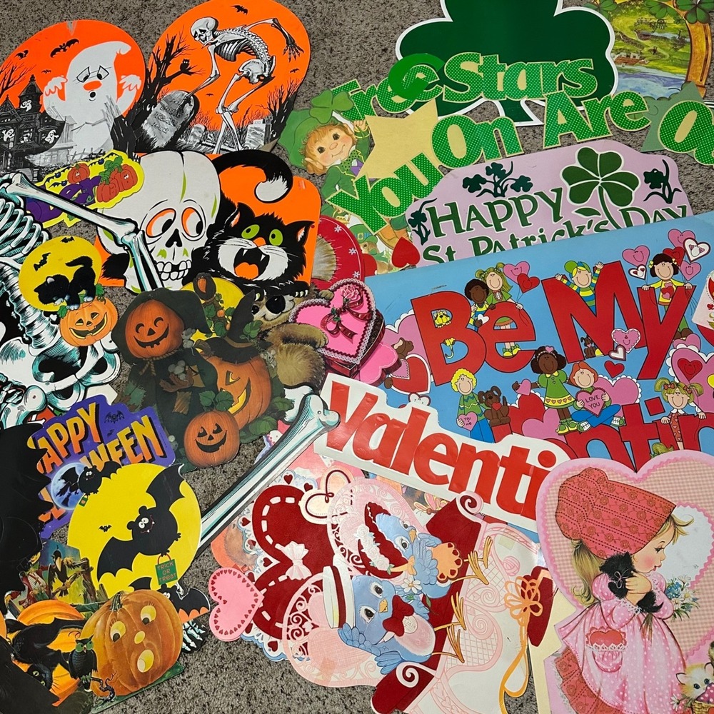 Vintage Holiday Classroom Bulletin Board Cutouts Lot Halloween Valentine St Pat